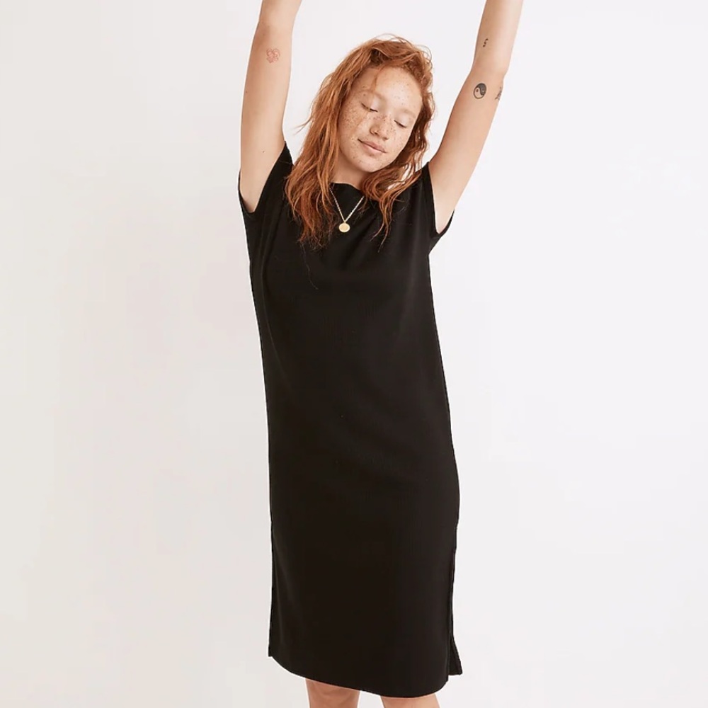 Madewell Ribbed Shoulder Tee Midi Dress in Black M